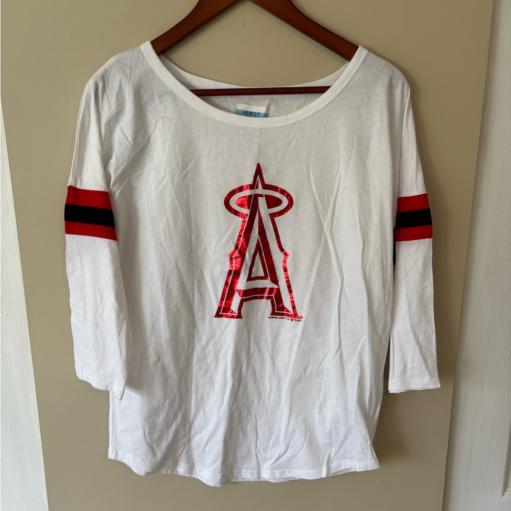 Los Angeles Angels Women’s White 3/4 Sleeve Top with Red Logo
